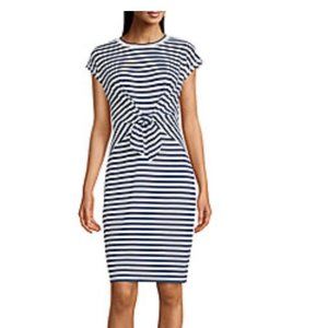 LIZ CLAIBORNE Blue & White Striped Front Knot Cap Sleeve Dress